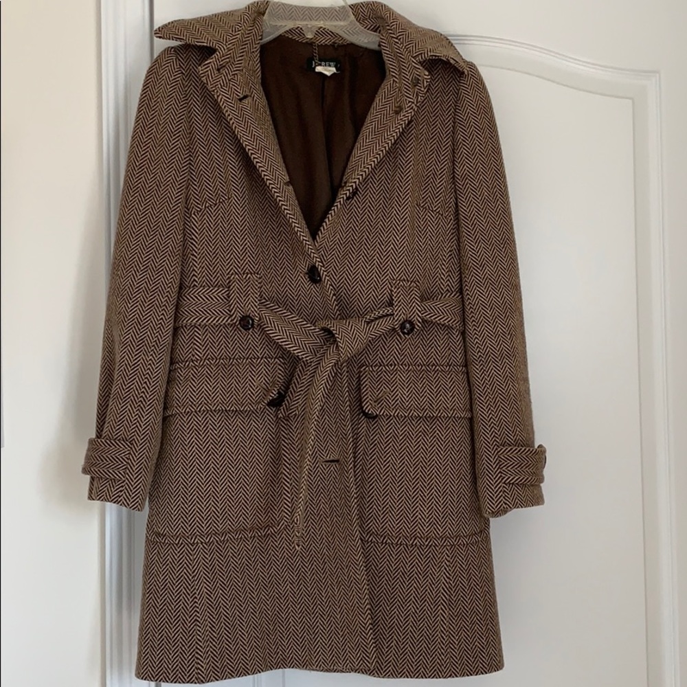 Vintage JCrew Herringbone Belted Coat w/ Hood XS